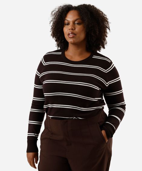 suéter feminino de tricot listrado plus size marrom