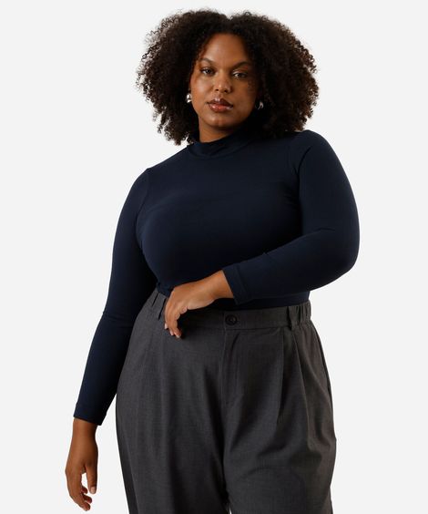 blusa manga longa gola alta plus size azul