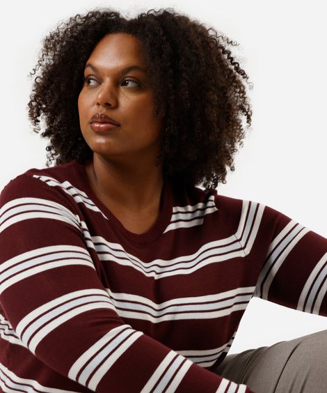 suéter feminino de tricot listrado plus size vinho
