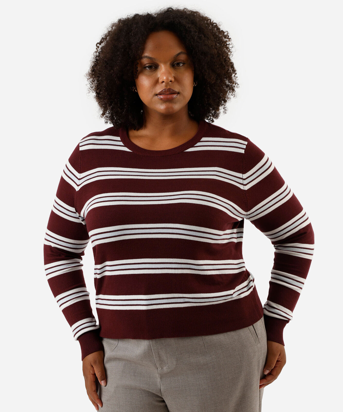 suéter feminino de tricot listrado plus size vinho