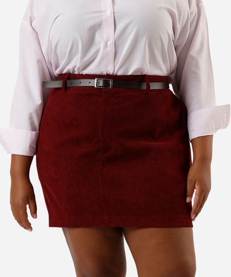 saia curta feminina de veludo cotelê com cinto plus size vinho