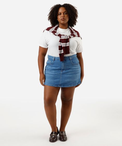 short saia feminino jeans cintura super alta fenda lateral plus size azul