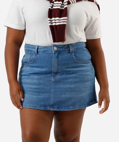 short saia feminino jeans cintura super alta fenda lateral plus size azul