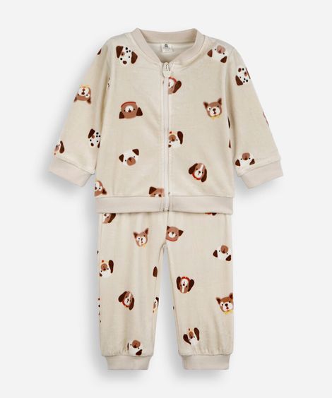 conjunto longo infantil de plush cachorrinhos bege