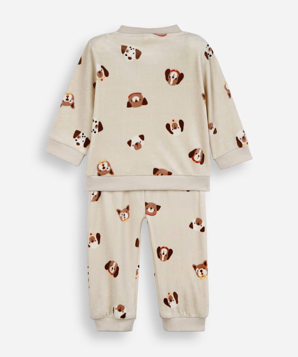 conjunto longo infantil de plush cachorrinhos bege