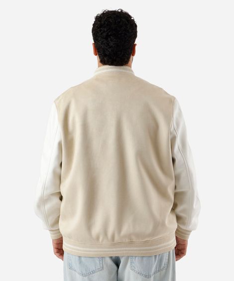 jaqueta bomber college masculina de suede com bordado plus size bege