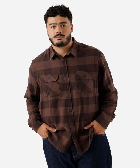 camisa masculina de algodão manga longa xadrez plus size marrom