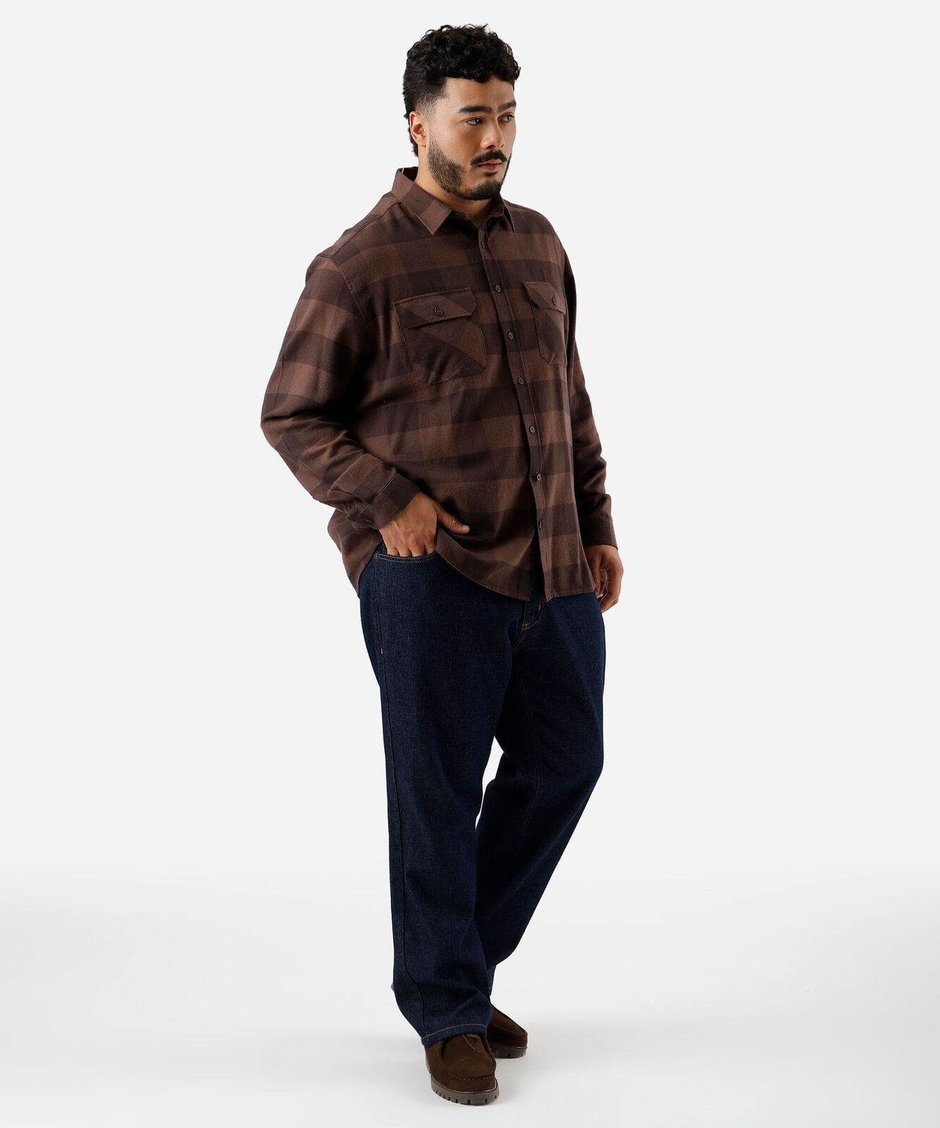 camisa masculina de algodão manga longa xadrez plus size marrom