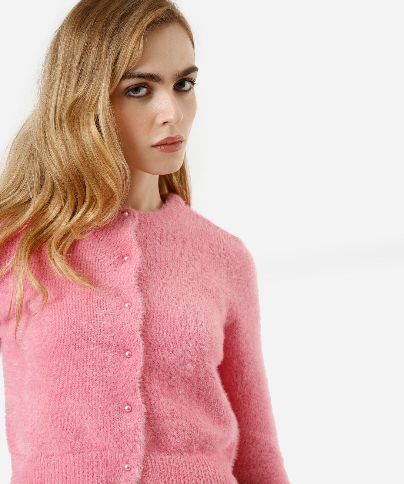 cardigan feminino de tricot texturizado rosa