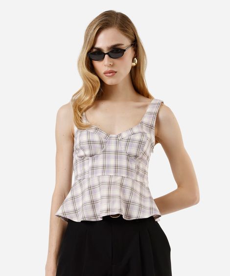 blusa feminina com recortes xadrez lilás
