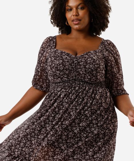 vestido midi feminino de tule com recorte floral plus size marrom