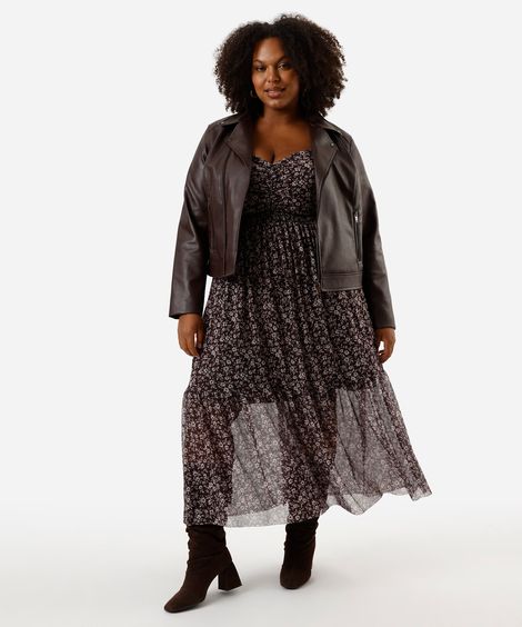 vestido midi feminino de tule com recorte floral plus size marrom