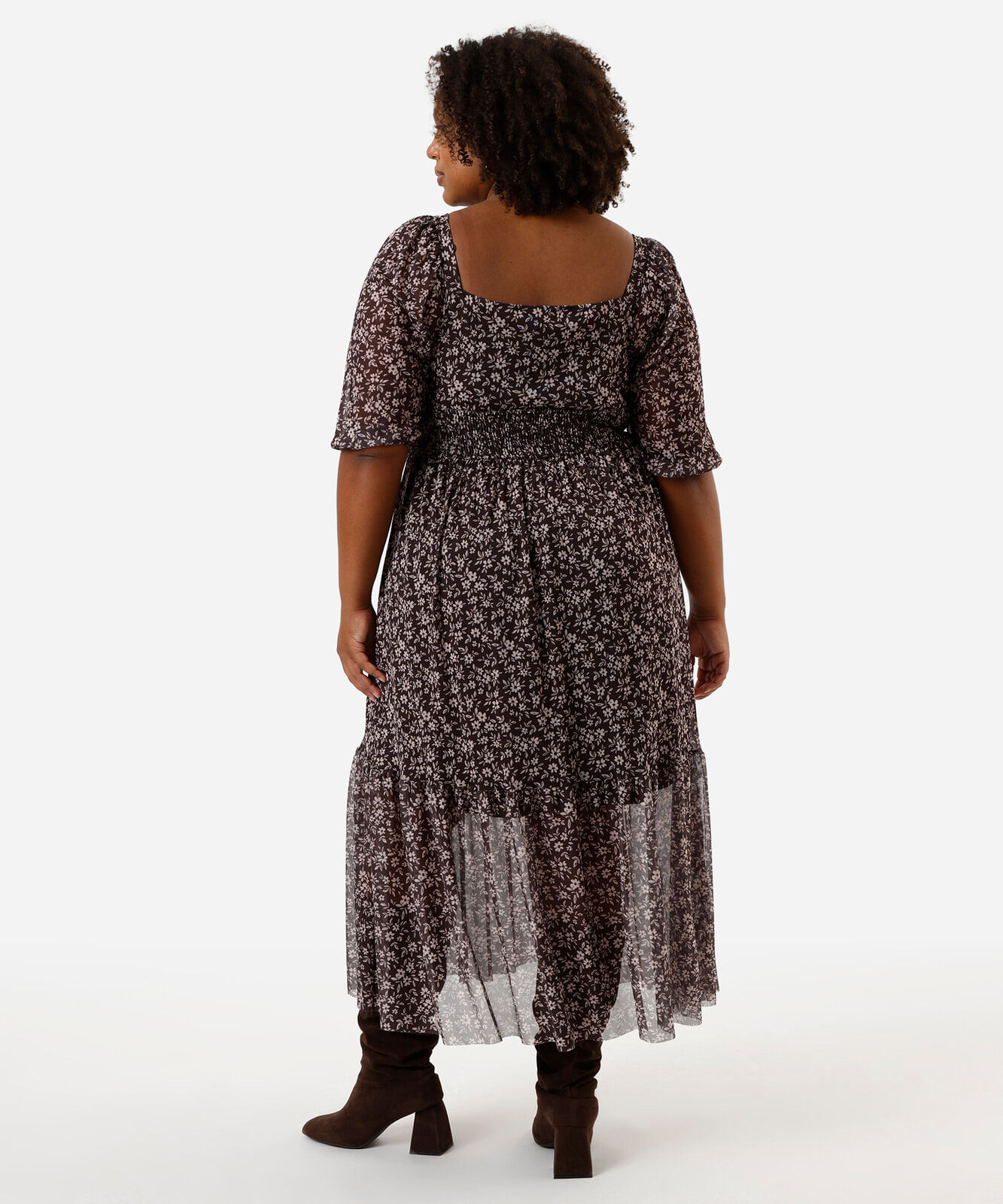 vestido midi feminino de tule com recorte floral plus size marrom