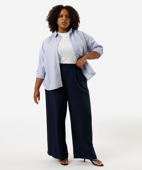 calça wide leg feminina com linho plus size azul