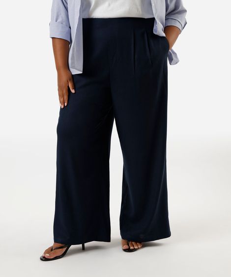 calça wide leg feminina com linho plus size azul