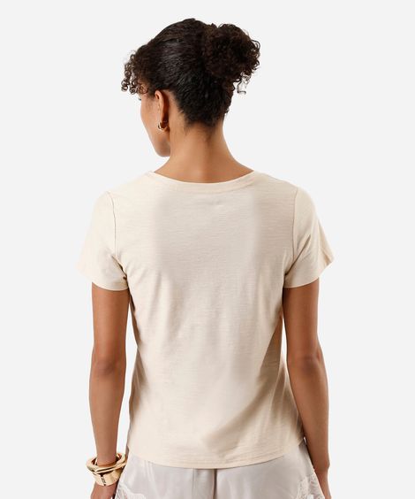blusa básica feminina de algodão peruano manga curta decote v bege