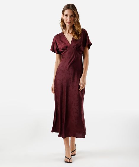 vestido midi feminino decote v floral acetinado vinho
