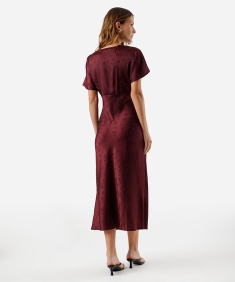 vestido midi feminino decote v floral acetinado vinho