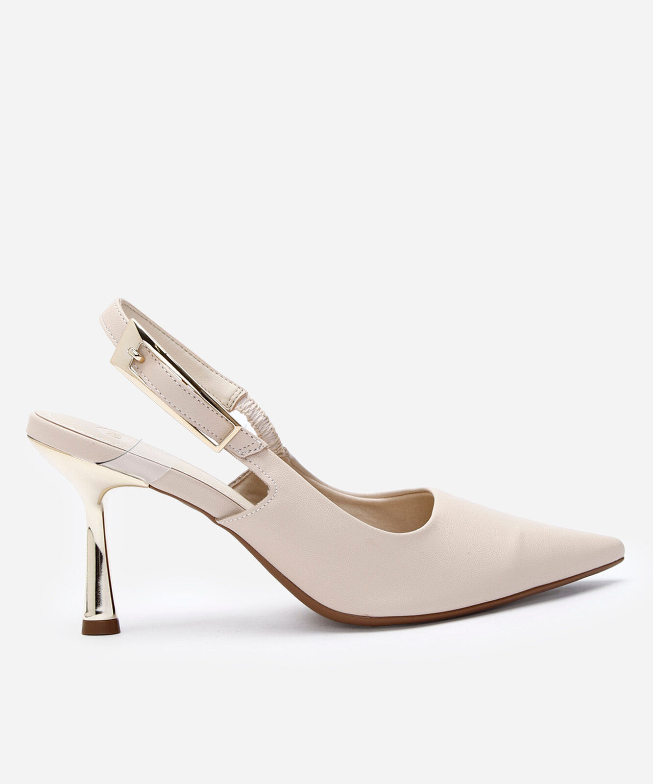 scarpin slingback salto fino com fivela grande bege
