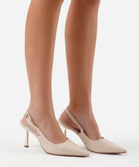scarpin slingback salto fino com fivela grande bege