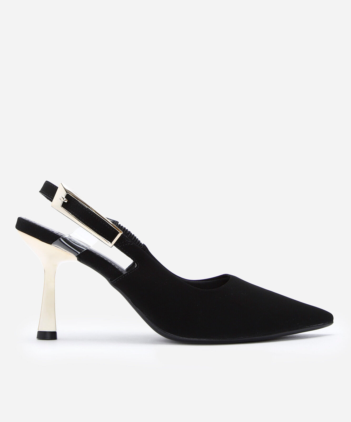 scarpin slingback salto fino com fivela grande preto