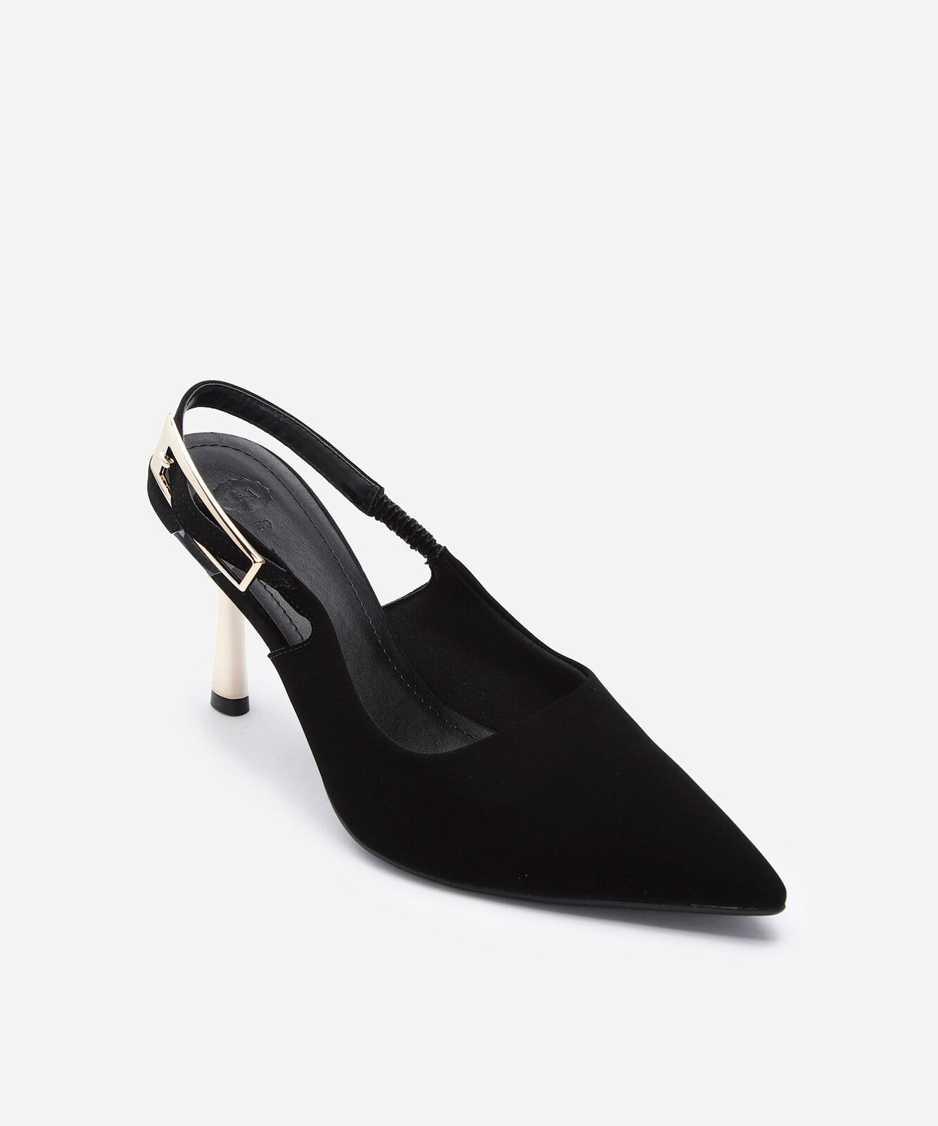 scarpin slingback salto fino com fivela grande preto