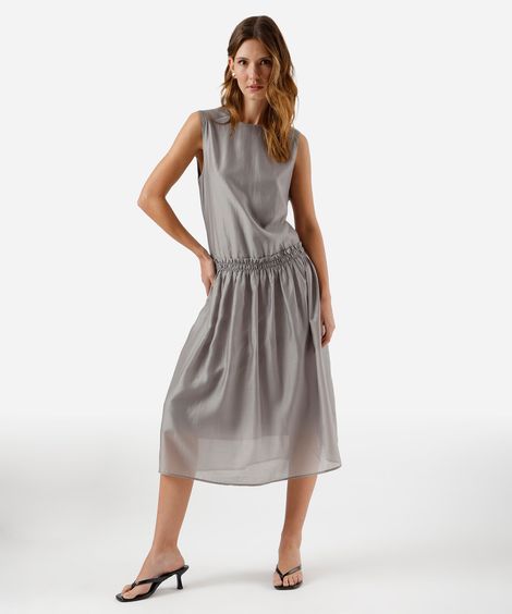 vestido midi feminino com liocel franzido cinza