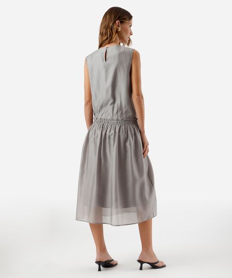 vestido midi feminino com liocel franzido cinza