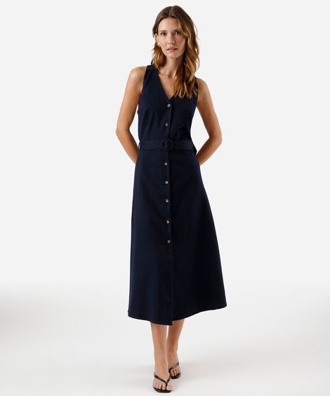 vestido midi feminino de sarja decote v com cinto azul