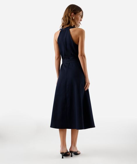 vestido midi feminino de sarja decote v com cinto azul