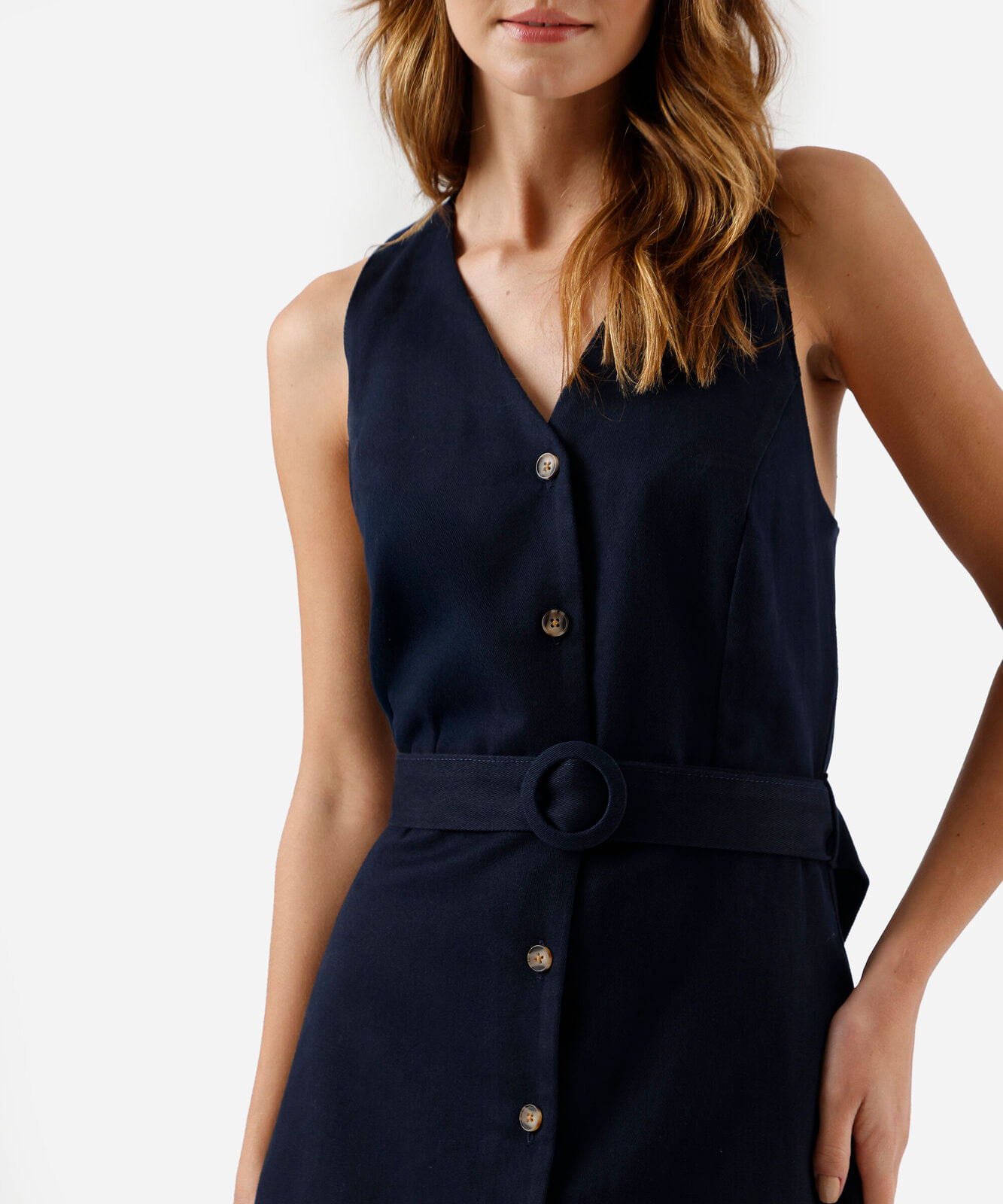 vestido midi feminino de sarja decote v com cinto azul