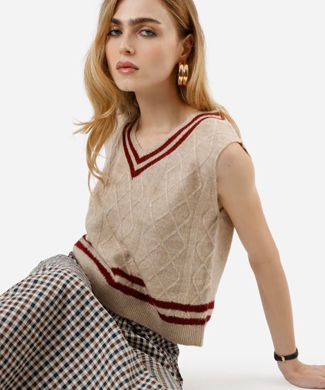 colete feminino de tricot decote v texturizado bege