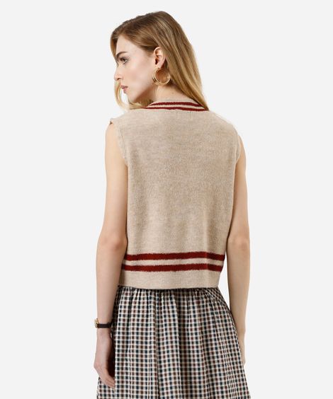 colete feminino de tricot decote v texturizado bege