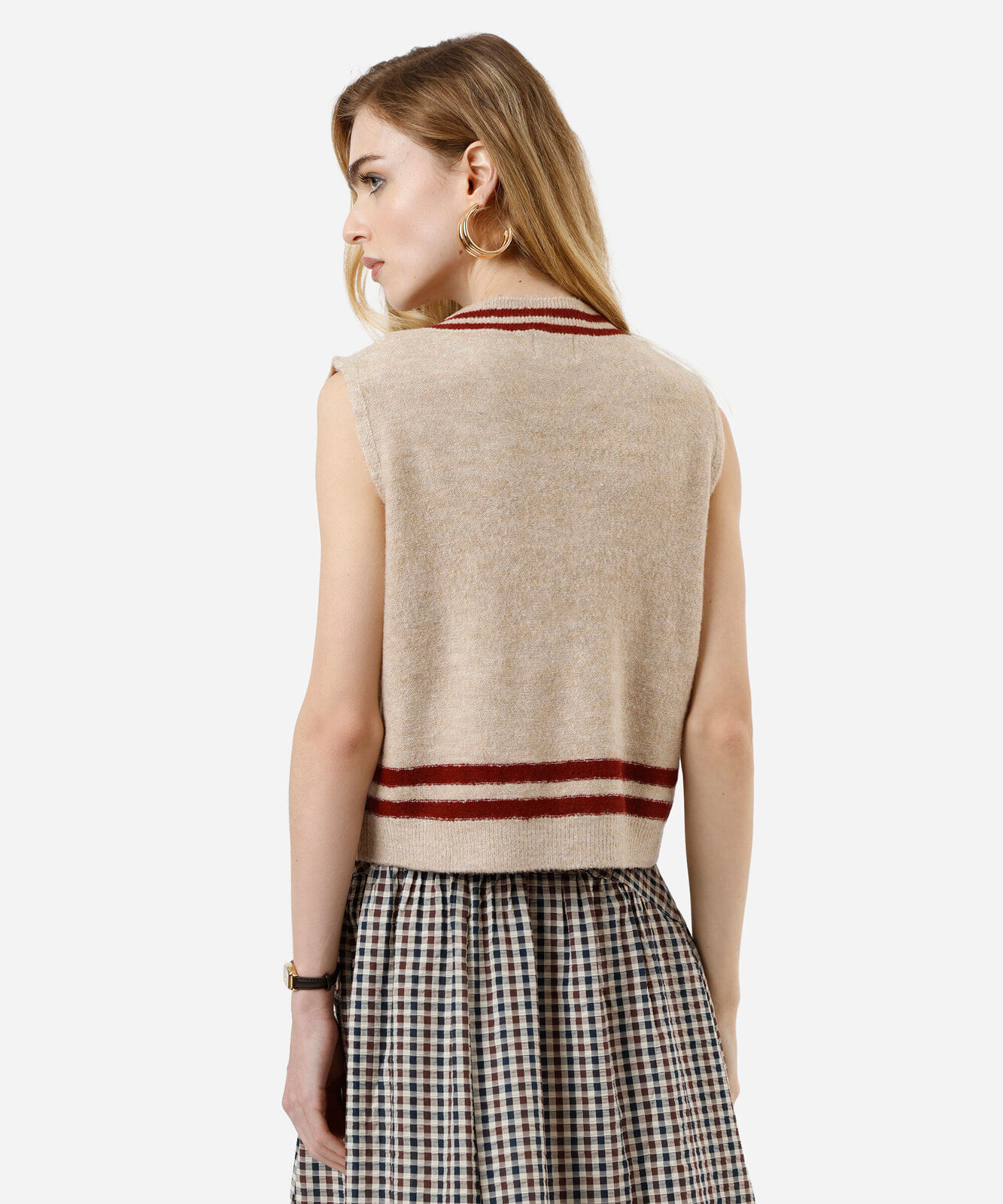 colete feminino de tricot decote v texturizado bege