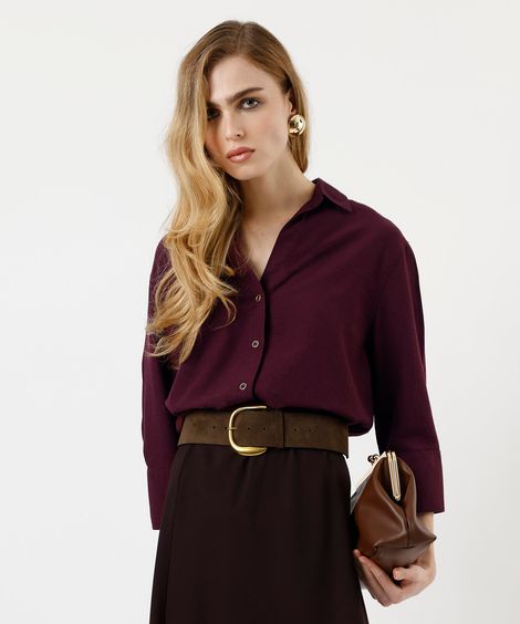 camisa feminina com linho manga longa vinho