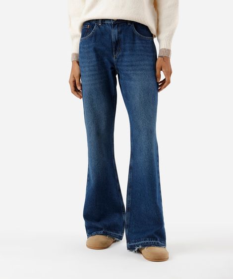 calça flare feminina jeans barra a fio cintura média azul