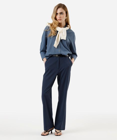 calça reta de alfaiataria feminina com viscose azul