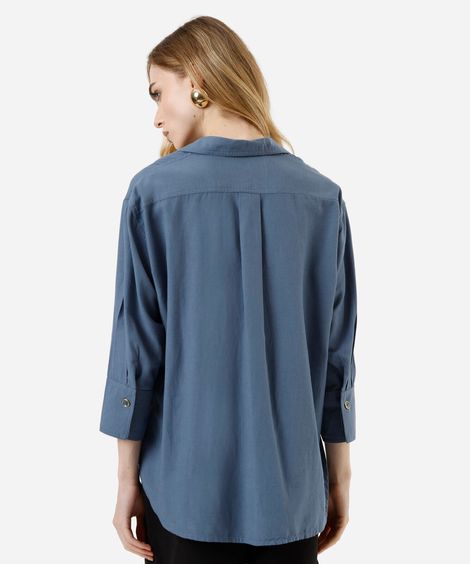 camisa feminina com linho manga longa azul