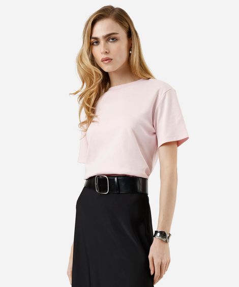 camiseta básica feminina de algodão peruano oversized com fendas rosa
