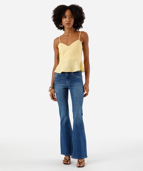 calça flare feminina jeans com fenda cintura alta azul