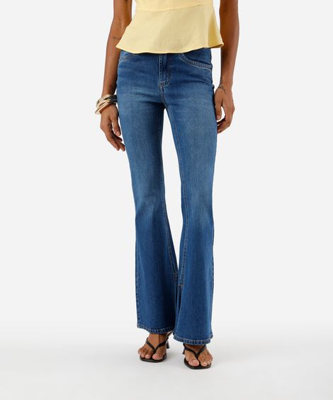 calça flare feminina jeans com fenda cintura alta azul