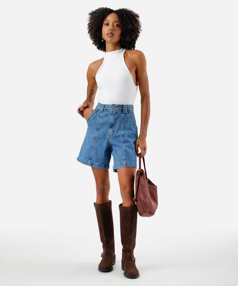 bermuda mom feminina jeans com recortes cintura alta azul