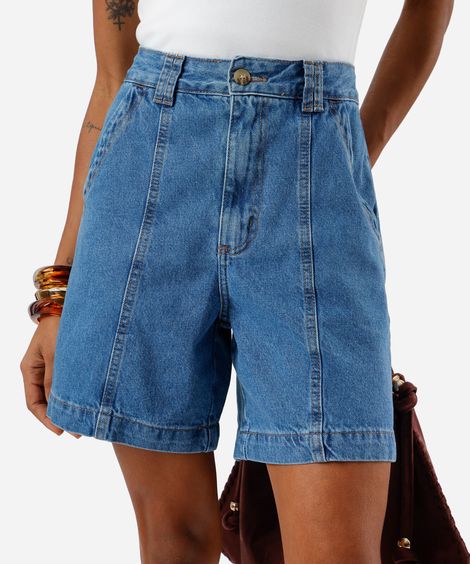 bermuda mom feminina jeans com recortes cintura alta azul