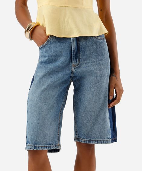 bermuda jorts feminina jeans cintura média bicolor azul