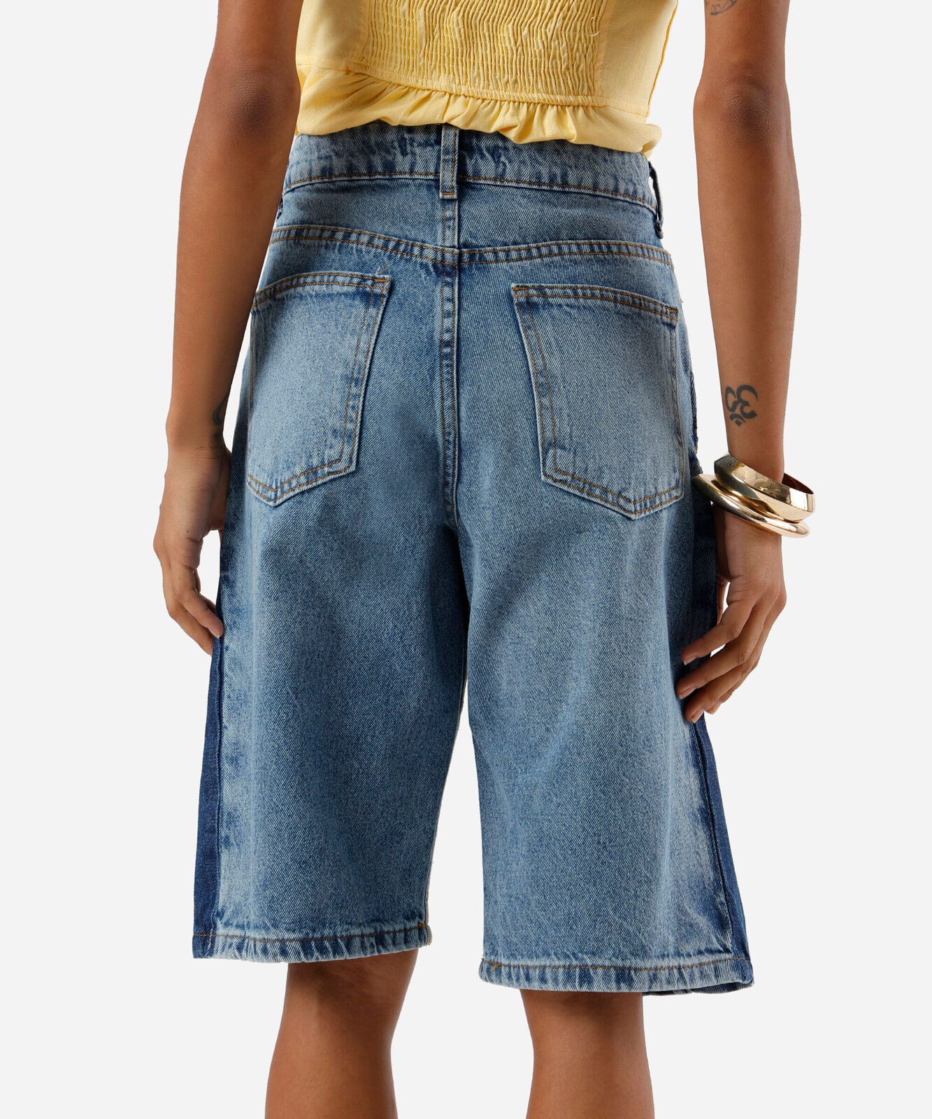 bermuda jorts feminina jeans cintura média bicolor azul