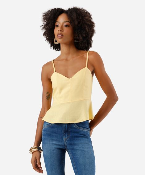 blusa alça fina feminina com linho e recortes amarela