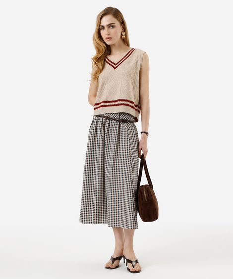 saia midi feminina com recorte xadrez bege