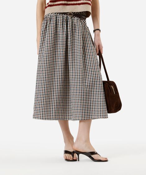 saia midi feminina com recorte xadrez bege