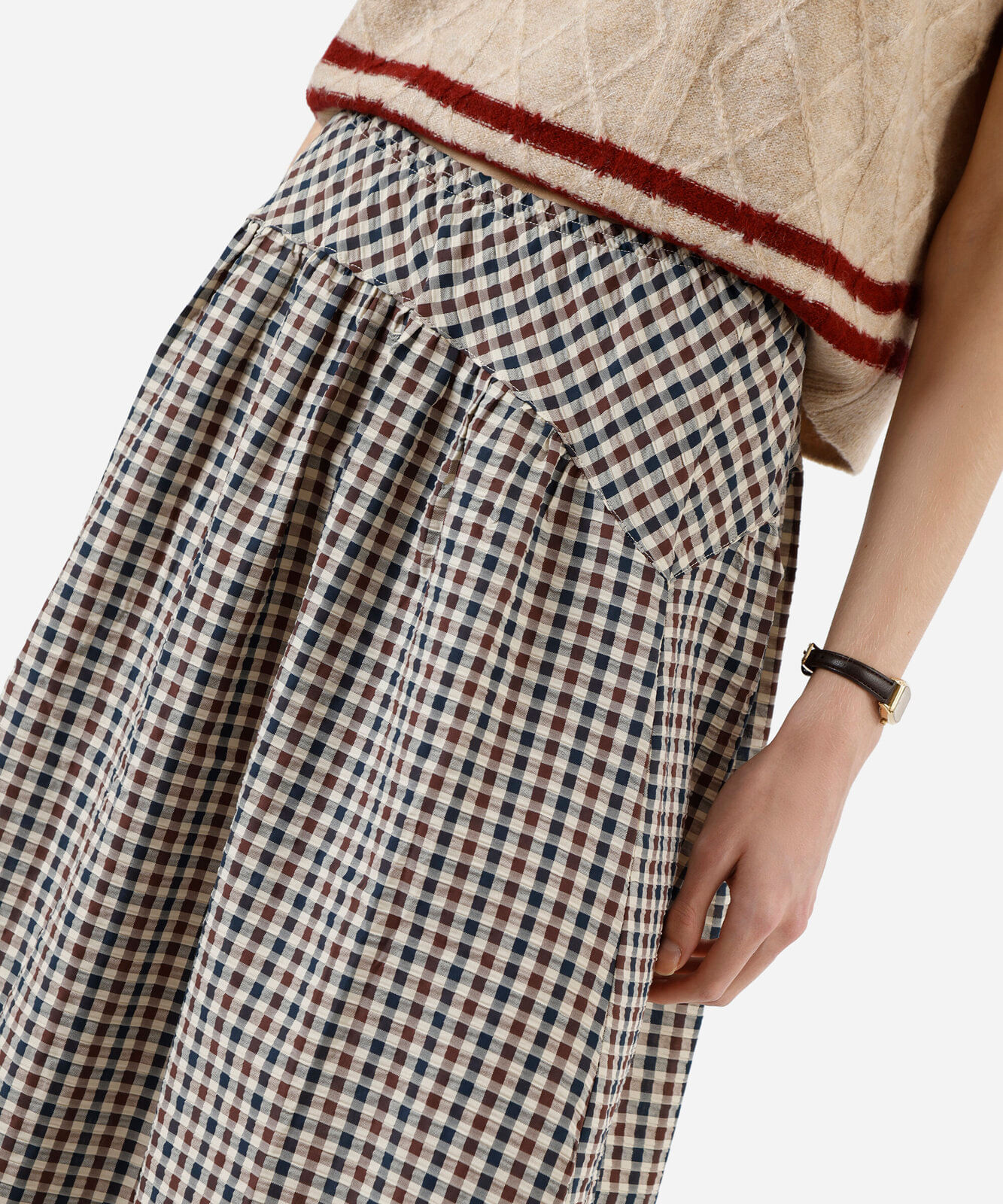 saia midi feminina com recorte xadrez bege