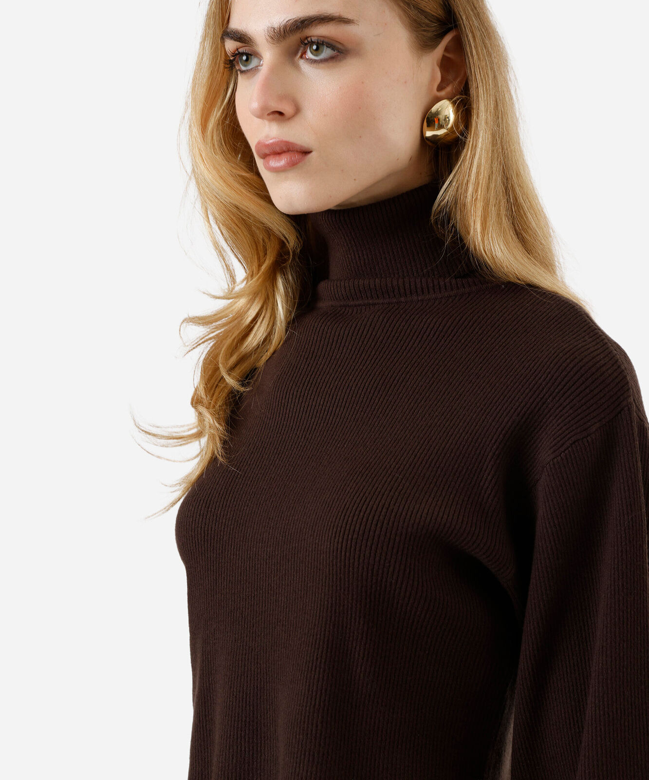 suéter cropped feminino de tricot manga bufante canelado marrom